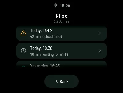 Files: recordings newest first, with length and upload state