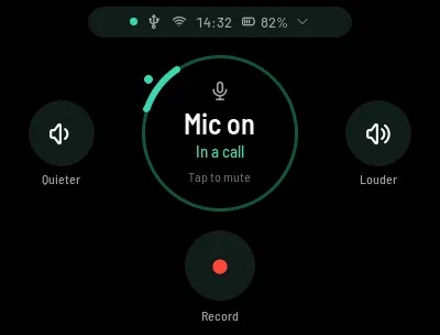 Home: the dial reads Mic on, with Quieter, Louder and Record