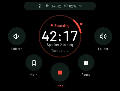 Recording: a timer at 42 minutes, with Mark, Stop and Pause