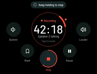 Recording, with the hint to hold Stop to end the recording