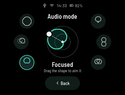 Audio mode: six round buttons around a preview of the pickup pattern
