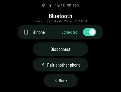 Bluetooth: the connected phone, the name the Wave shows up as, and Disconnect