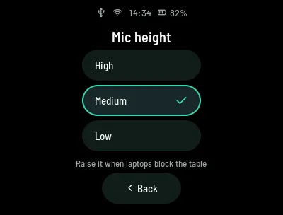 Mic height: High, Medium (selected) and Low, with the hint Raise it when laptops block the table