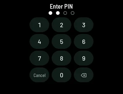 The PIN keypad: Enter PIN, four dots with two filled, the digits 0 to 9, Cancel and a backspace key