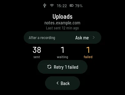 Uploads: the server’s name, when the last recording was sent, the After a recording setting, counts of sent, waiting and failed recordings, and a button to retry the failed one